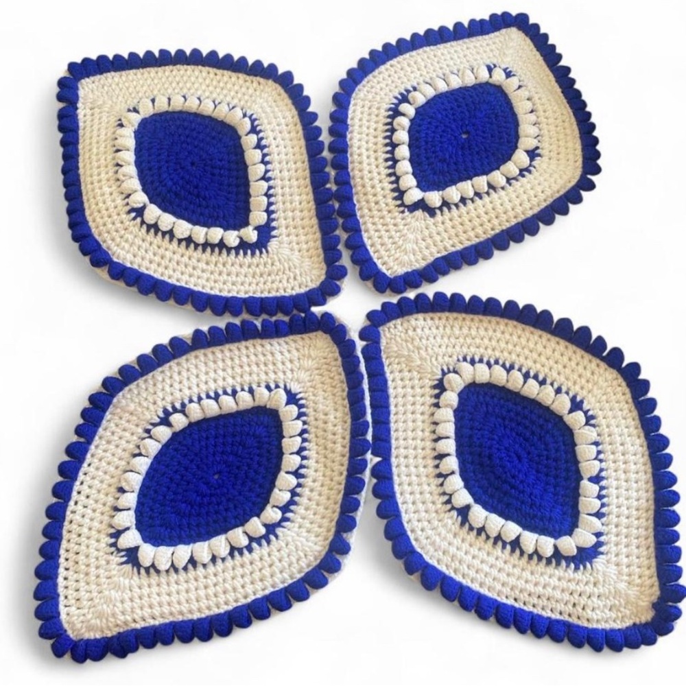 Handmade Crochet Coasters Set in Royal Blue & Cream